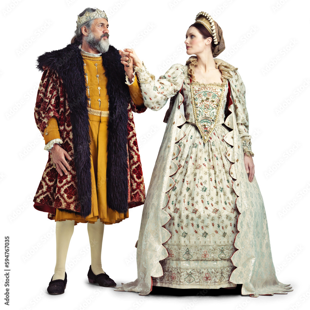 Medieval costume, king and queen holding hands at vintage wedding, theatre couple in performance art. History, man and woman in renaissance marriage stage act isolated on transparent, png background.