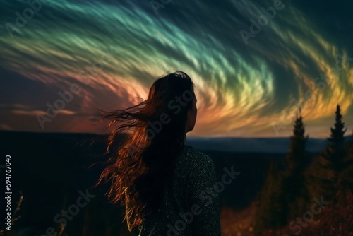 a woman with long hair looks at colorful polar lights created with Generative AI technology