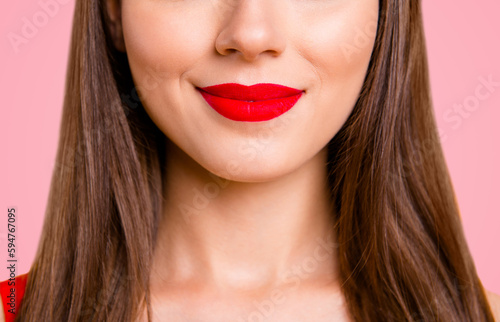 Chic charm pleasure lifestyle person concept. Cropped close up half faced view photo portrait of beautiful attractive sexual seductive tempting pretty ideal perfect color lipstick isolated background