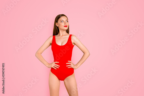 Weight loss dieting healthy nutrition sport people concept. Photo shoot portrait of beautiful attractive nice cute pretty with straight legs lady demonstrating ideal curves isolated vivid background