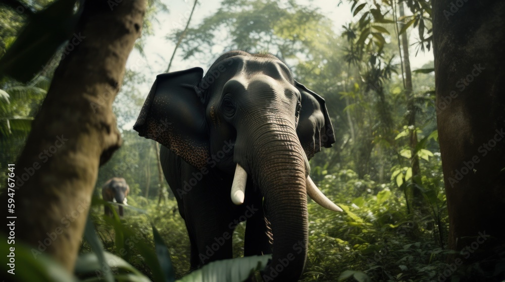 Fototapeta premium Elephant in a cinematic jungle forest background with beautiful colors generative ai