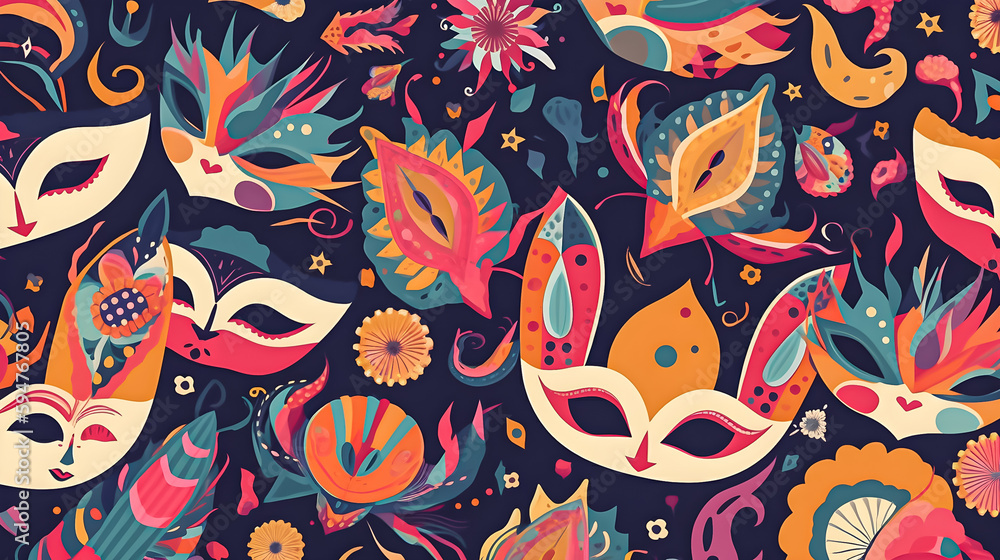 Naklejka premium Seamless pattern with carnival masks. Illustration. Ai generation.