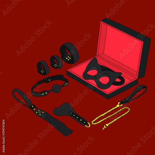 Illustration Red Leather Briefcase Sexy Set Whip Handcuffs bdsm Love Sex Sex games for adults Red White background