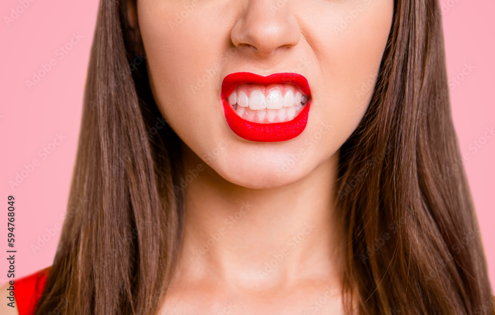Cropped close up view photo portrait of pretty beautiful angry pretty sexual tempting charming rosy rose shiny vivid pomade angry lady demonstrating white teeth isolated on bright background Cropped close up view photo portrait of pretty beautiful angry pretty sexual tempting charming rosy rose shiny vivid pomade angry lady demonstrating white teeth isolated on bright background