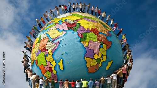 People gather around the Earth globe holding hands. Earth Day concept