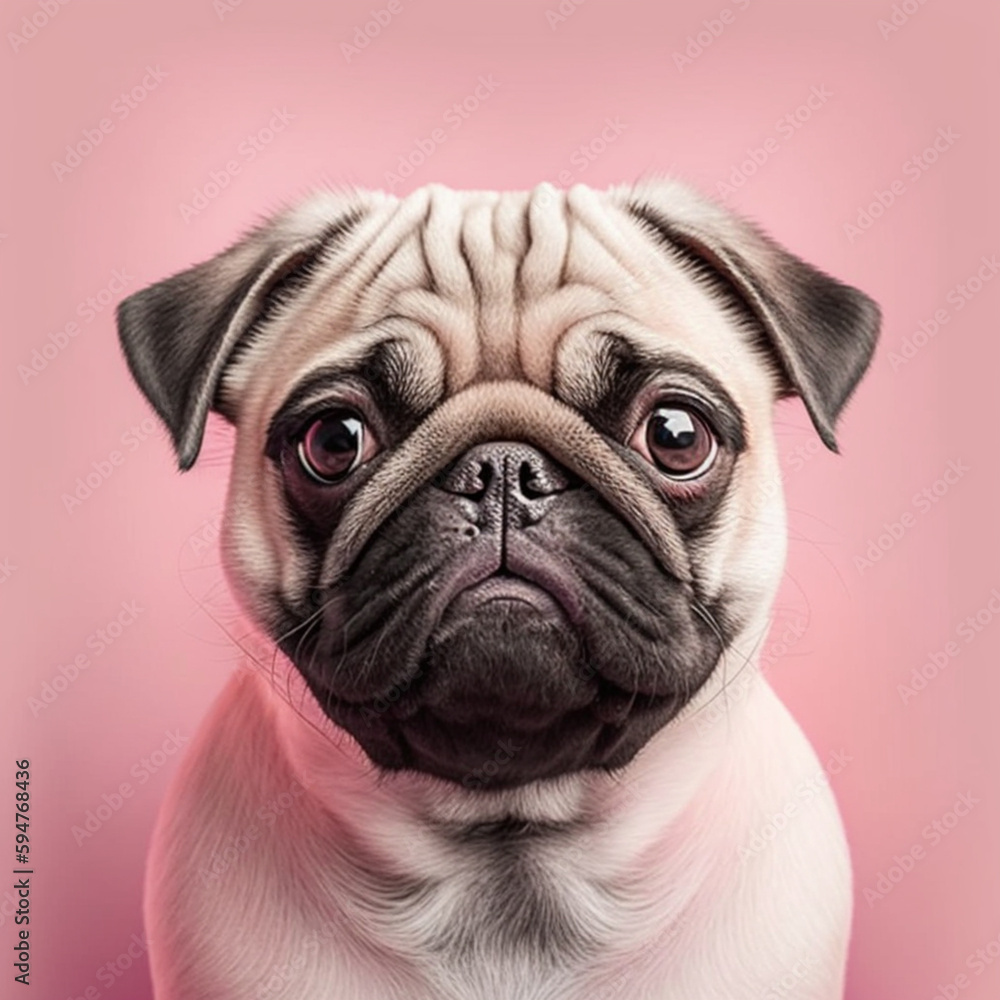 Pug dog on a pink background. Generative AI.