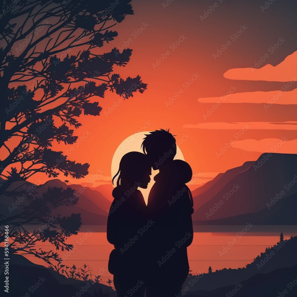 Couple embraced at sunset. Generative AI.