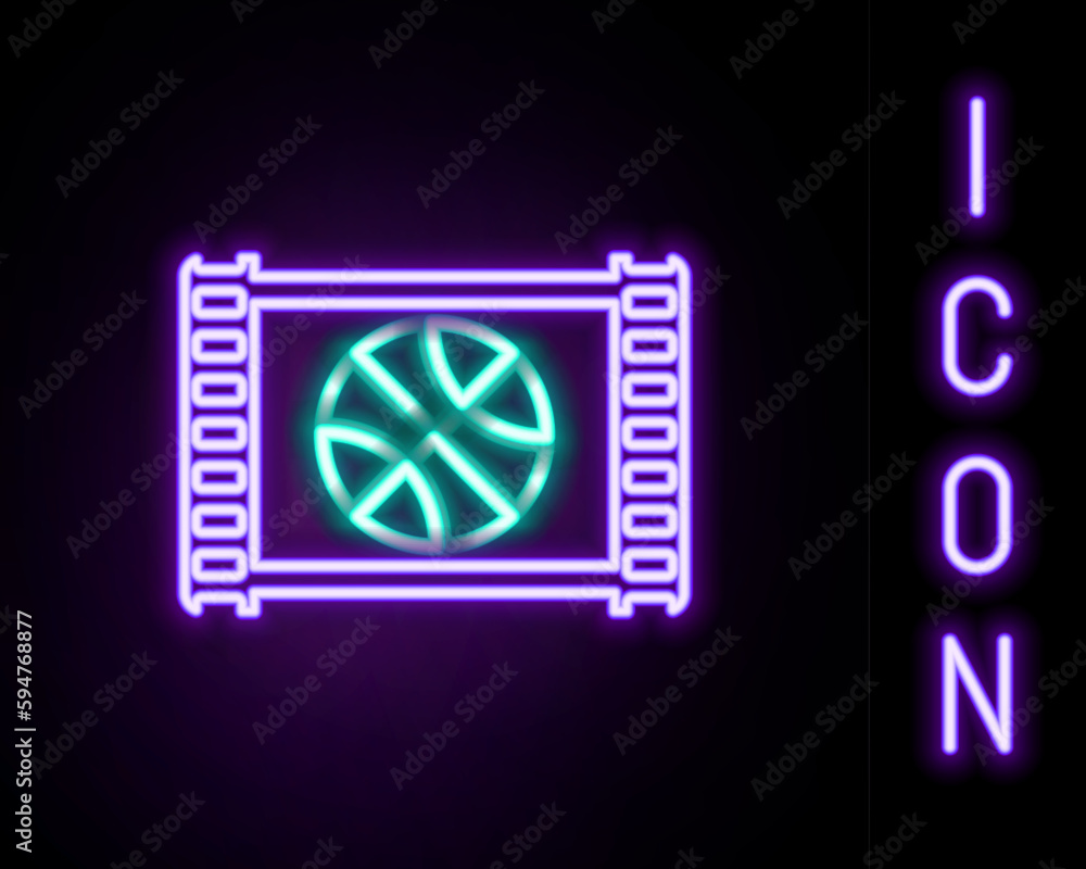 Glowing neon line Sports shop and basketball ball icon isolated on black background. Sport store. Colorful outline concept. Vector Glowing neon line Sports shop and basketball ball icon isolated on black background. Sport store. Colorful outline concept. Vector