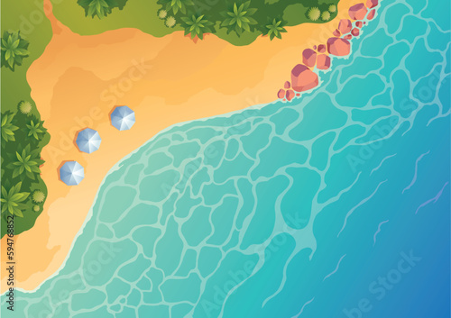 Beach top view landscape. Parasols on beach sand. Sea tropical ocean coastline with umbrella. Sandy shore scenery nature landscape. Vector illustration in flat design style