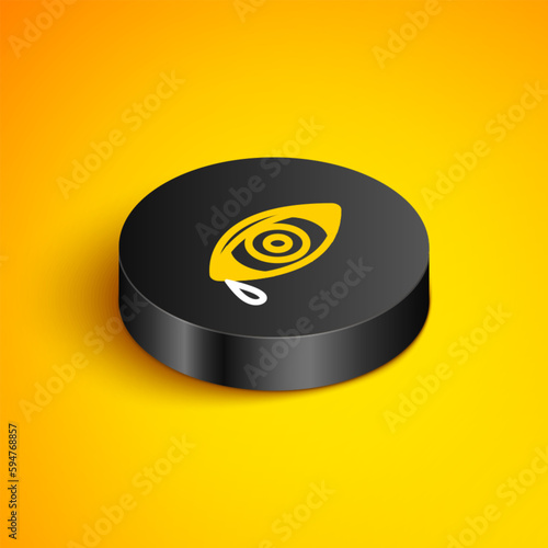 Isometric line Reddish eye due to viral, bacterial or allergic conjunctivitis icon isolated on yellow background. Black circle button. Vector