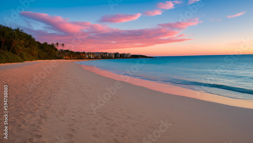 lila blue  sunset at empty beach with palm trees and some buildings in back  generative AI