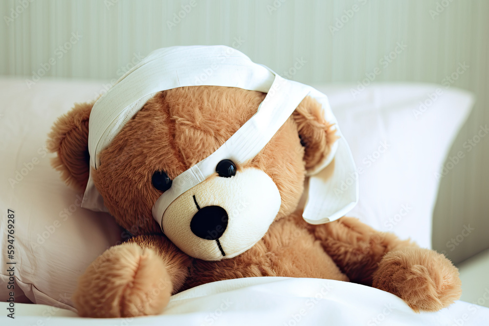 Sick teddy bear in bed with bandage on his head, Generative AI