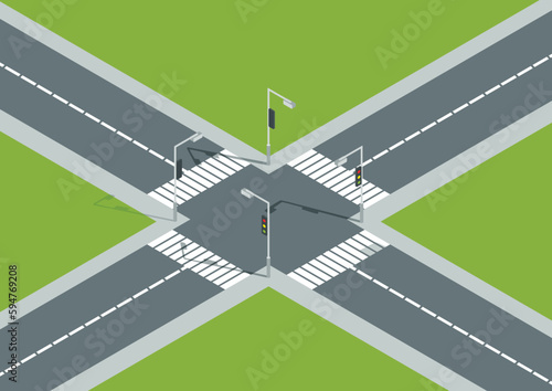 City crossroad isometric view with road markings, traffic lights pedestrian zebra crossing. Urban traffic map for transport, vector graphic design elements. Empty road without cars