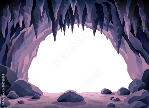 Cave landscape. Stone cave entrance with empty white space inside. Prehistoric dungeon entrance, rock cavern game illustration. Vector image of tunnel in mountain or mine in rocks