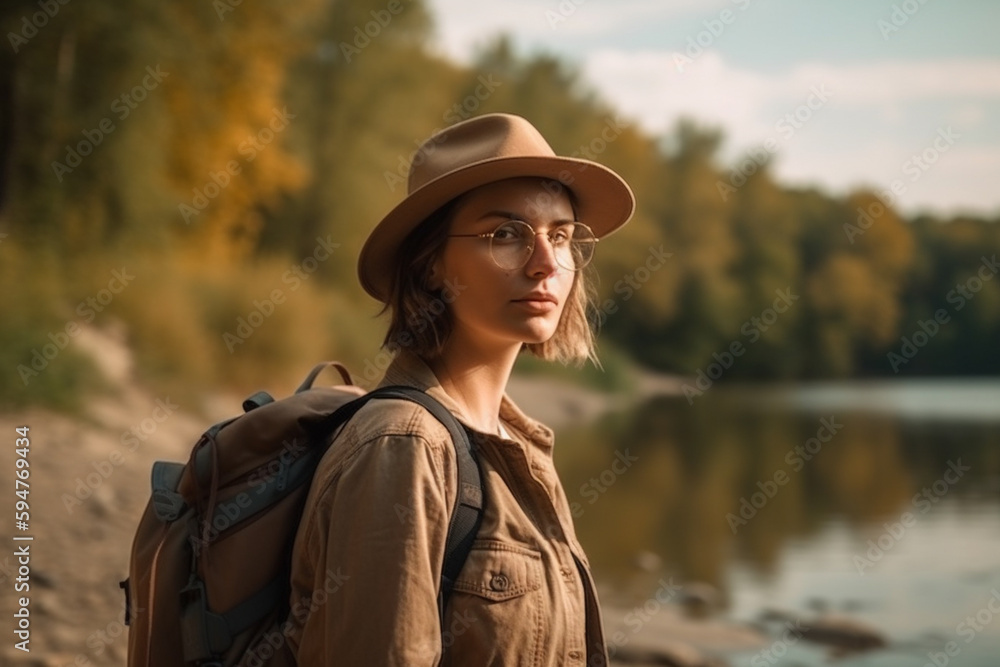 young adult woman or teenage girl hikes along a river in nature with a river and trees, green beautiful nature and environment, fictional place. Generative AI