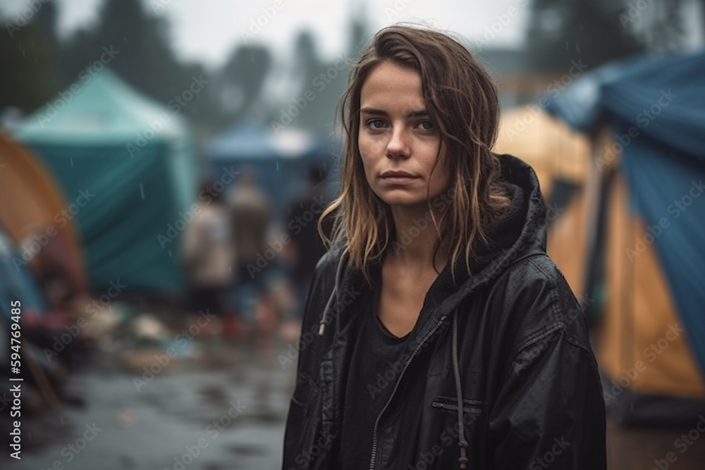 Εκτύπωση καμβά young adult woman lives in poverty or is on the run, lives in tents in a tent city, sadness and hopelessness with dirt and rainy weather