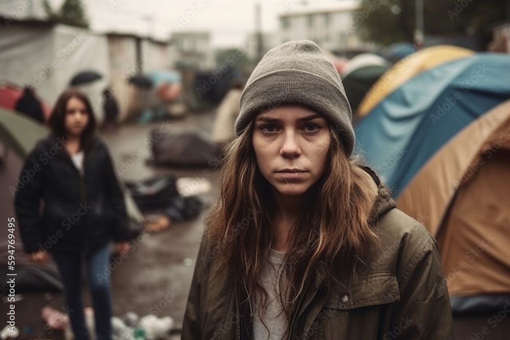 young family lives in poverty or is on the run, lives in tents in a tent city, sadness and hopelessness with dirt and rainy weather. Generative AI