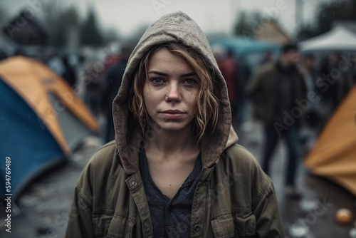 young adult woman lives in poverty or is on the run, lives in tents in a tent city, sadness and hopelessness with dirt and rainy weather. Generative AI