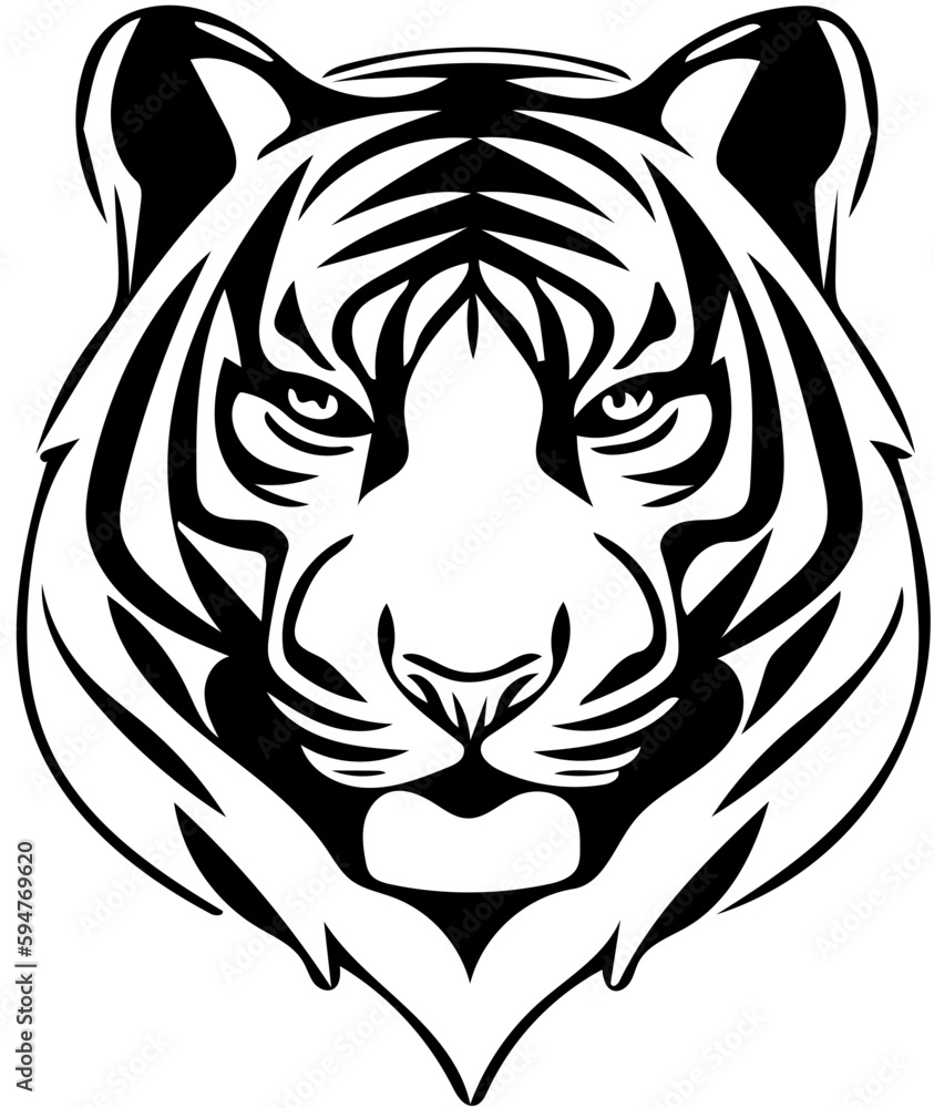 Tiger head mascot logo in black and white, vector illustration of predator, silhouette drawing Tiger head mascot logo in black and white, vector illustration of predator, silhouette drawing