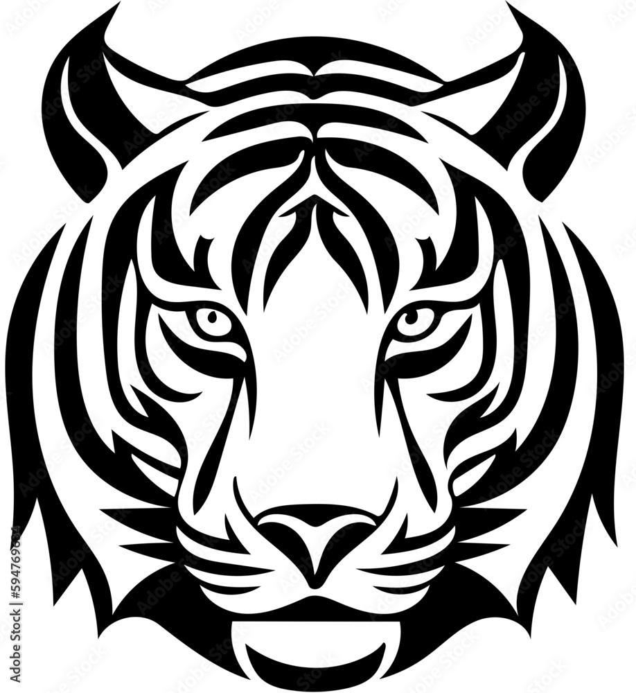 Tiger head mascot logo in black and white, vector illustration of predator, silhouette drawing 