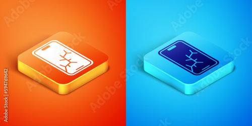 Isometric Smartphone with broken screen icon isolated on orange and blue background. Shattered phone screen icon. Vector