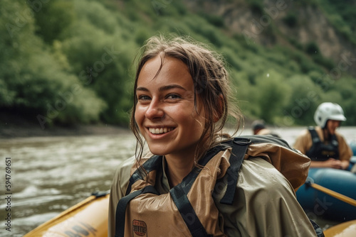 young adult woman on adventure vacation, rafting or kayaking or hiking in nature, fictional place. Generative AI © wetzkaz