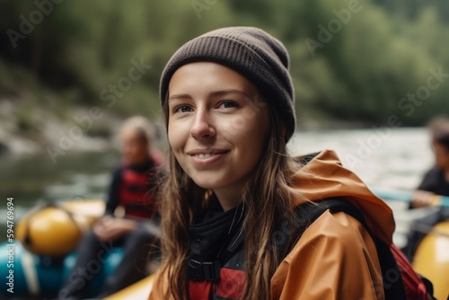 young adult woman on adventure vacation, rafting or kayaking or hiking in nature, fictional place. Generative AI © wetzkaz