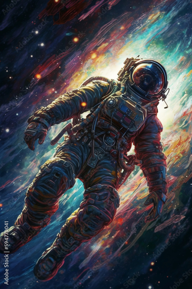 cyborg anime astronaut floating in space above a celestial body with many colors and psychedelic foreground cyborg anime astronaut floating in space above a celestial body with many colors and psychedelic foreground