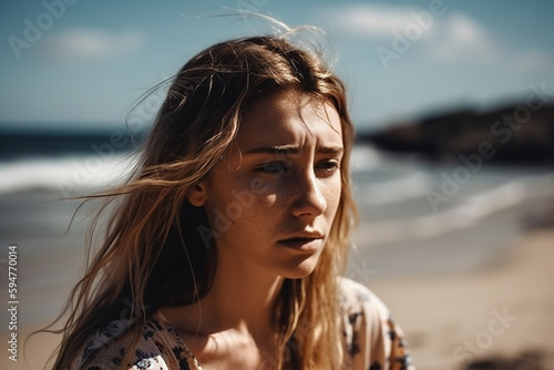 young woman or teenager with confused or negatively bad facial expression and mood, on the beach, fictional place. Generative AI