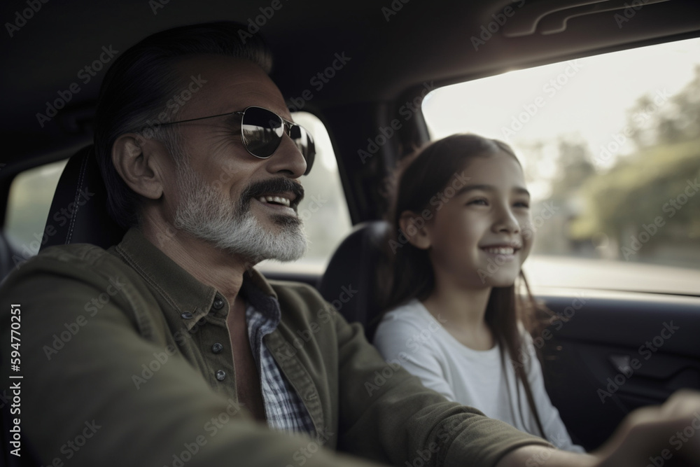 father and daughter in the car, driving together and being on the road. Generative AI