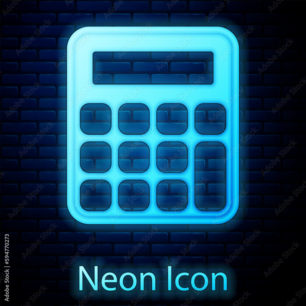 Glowing neon Calculator icon isolated on brick wall background. Accounting symbol. Business calculations mathematics education and finance. Vector Glowing neon Calculator icon isolated on brick wall background. Accounting symbol. Business calculations mathematics education and finance. Vector
