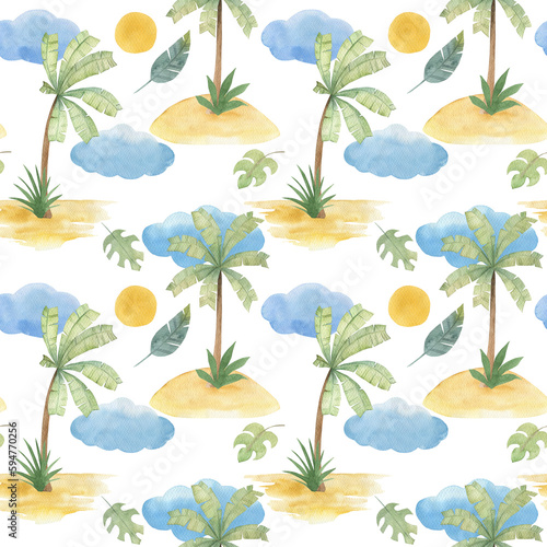 Tropical seamless pattern with palm trees, sun, clouds. Watercolor print on white background. Summer hand drawn illustration