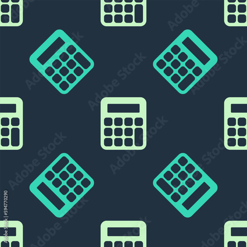 Green and beige Calculator icon isolated seamless pattern on blue background. Accounting symbol. Business calculations mathematics education and finance. Vector