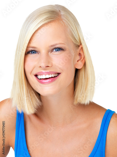 Happy woman in portrait, face and smile with positive mindset and success isolated on transparent, png background. Beauty, glow and beautiful female in headshot with straight hair and happiness