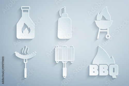 Set Barbecue steel grid, grill, Sausage on the fork, fire flame, Mustard bottle and Ketchup icon. Vector