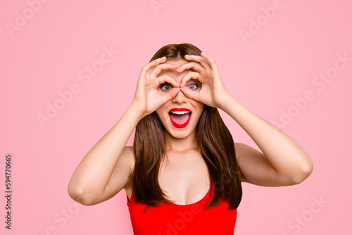What Wow omg Fun joy people person season sale discount concept. Close up photo portrait of funny funky crazy mad astonished beautiful lady making eyewear fingers hands isolated bright background © deagreez