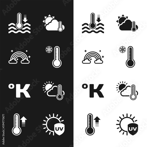 Set Meteorology thermometer, Rainbow with clouds, Water, Thermometer and cloud, sun, Kelvin, UV protection and icon. Vector