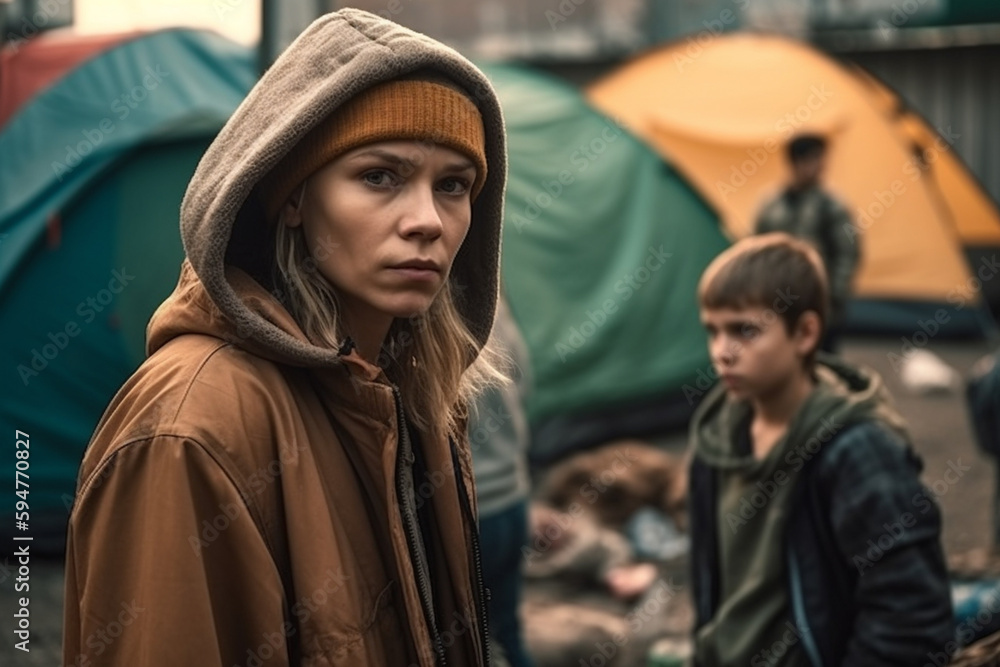 Fototapeta premium young family lives in poverty or is on the run, lives in tents in a tent city, sadness and hopelessness with dirt and rainy weather. Generative AI