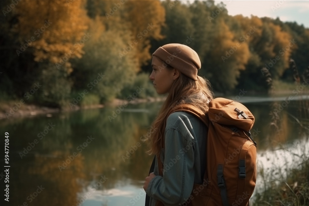 young adult woman or teenage girl hikes along a river in nature with a river and trees, green beautiful nature and environment, fictional place. Generative AI