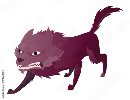 Angry dog. Mad animal with sharp teeth. Dangerous cartoon pet. Vector dog in action poses standing. Aggressive pooch isolated on white background