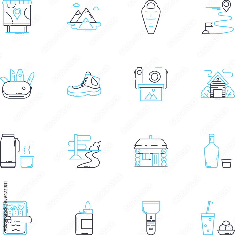 Trekking linear icons set. Adventure, Hiking, Mountains, Trail, Wilderness, Exploration, Nature line vector and concept signs. Backpacking,Trek,Climbing outline illustrations Trekking linear icons set. Adventure, Hiking, Mountains, Trail, Wilderness, Exploration, Nature line vector and concept signs. Backpacking,Trek,Climbing outline illustrations