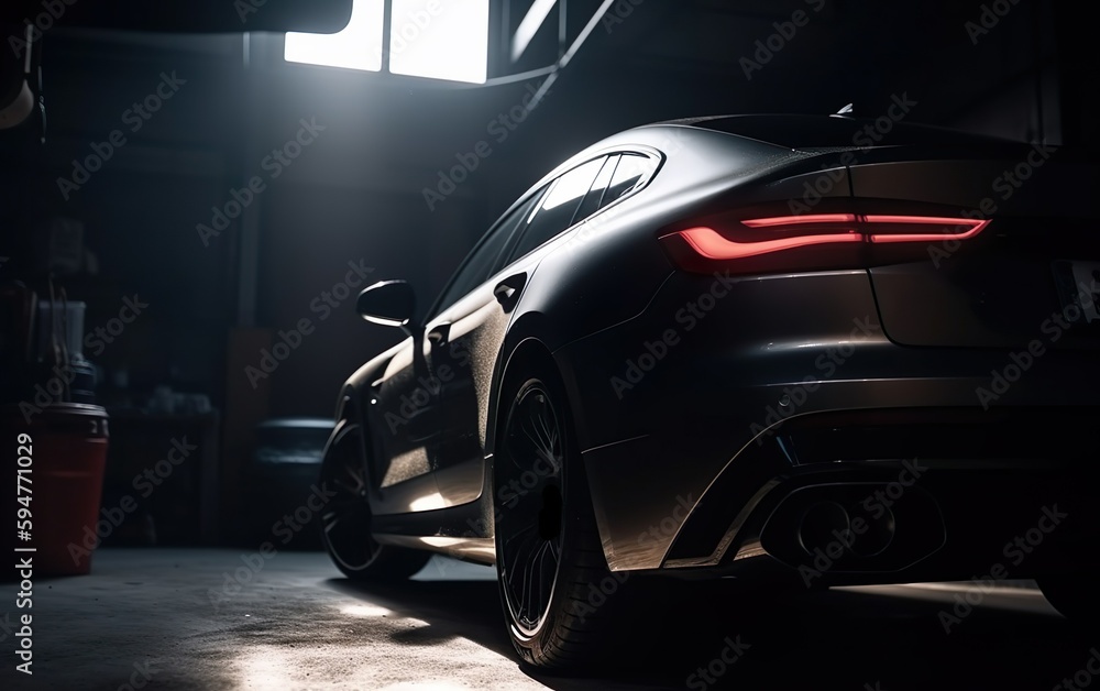 Close-up side view of a luxurious saloon car inside a garage with beautiful light coming thought the window.