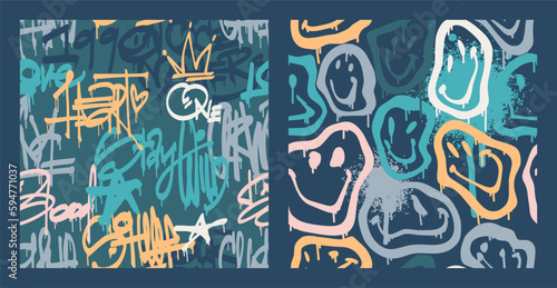 Groovy smile seamless patterns pack in Urban street art graffiti style. Typography slogan print. Retrowave with 90s style. Psychedelic rave backdrop. Underground unisex design in green and blue color