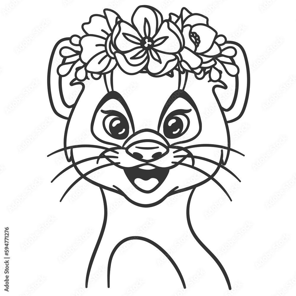 Cartoon baby otter in floral crown. Cute baby animal nursery print
