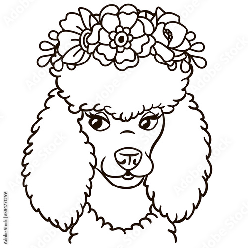 Cartoon poodle dog in floral crown. Cute baby animal nursery print.