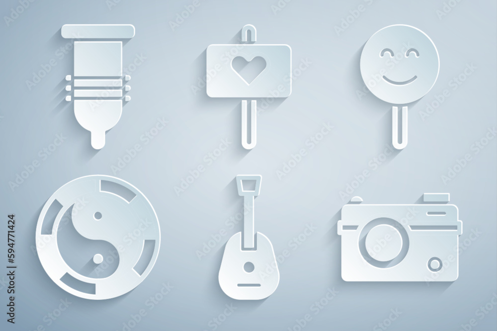 Set Guitar, Smile face, Yin Yang symbol, Photo camera, Peace and Condom icon. Vector Set Guitar, Smile face, Yin Yang symbol, Photo camera, Peace and Condom icon. Vector