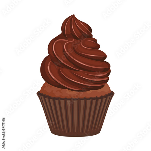 Chocolate cupcake with cream isolated on white background. Vector cartoon illustration of sweet dessert.