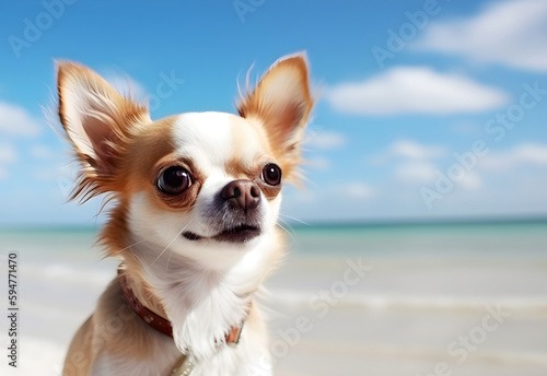 Portrait of chihuahua dog stands and looks on the sandy beach by the sea  © Lulla