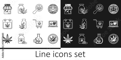 Set line Stop marijuana, Online buying, Magnifying glass and, Marijuana or cannabis leaf oil, Calendar, store, Shopping cart with and Medical bottle icon. Vector