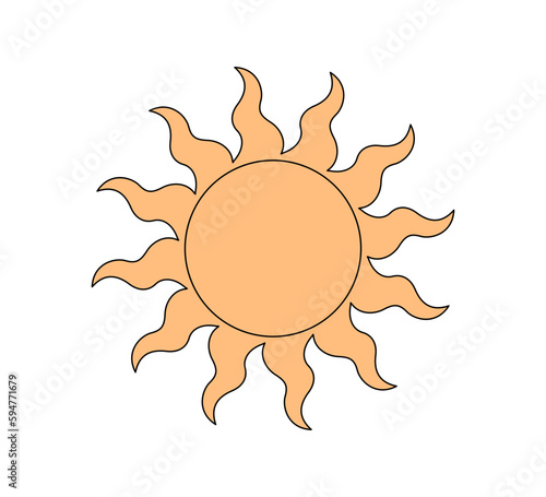 Retro groovy style twisted shiny sun. Psychedelic hippie old solar summer element. Abstract vintage hippy bright sticker. Trendy y2k pop culture or boho print design. Vector eps hipster sacral symbol